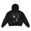 Black sun fade boxy hoodie featuring detachable fur hood and back graphic of Jack London profile with Glen Ellen California moon design.