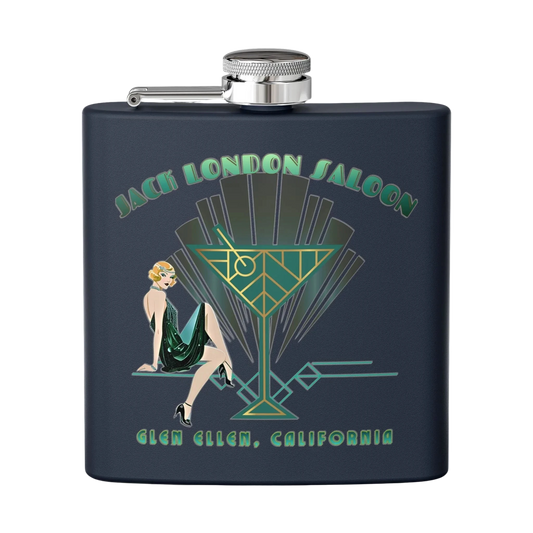 Sonoma Rebel Art Deco Martini Flask with a 1920s woman and cocktail glass graphic. Navy blue stainless steel.
