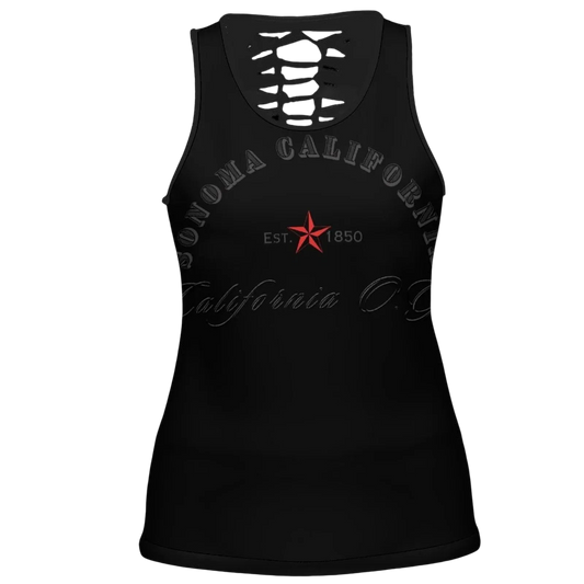 Sonoma Rebel black polyester-spandex blend women's hollow back tank top with crew neck and California OG graphic.