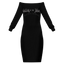 Sonoma Rebel black off-the-shoulder long sleeve midi bodycon dress with 'Valley of the Moon' graphic.