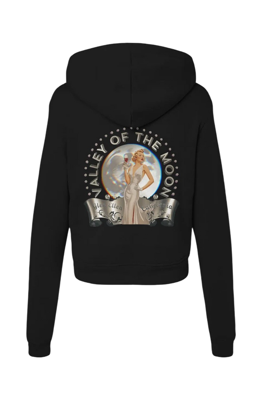 Sonoma Rebel black cotton-blend hoodie with a retro pinup graphic of a woman in a white dress holding a glass of wine, set against a moon and "Valley of the Moon" text.