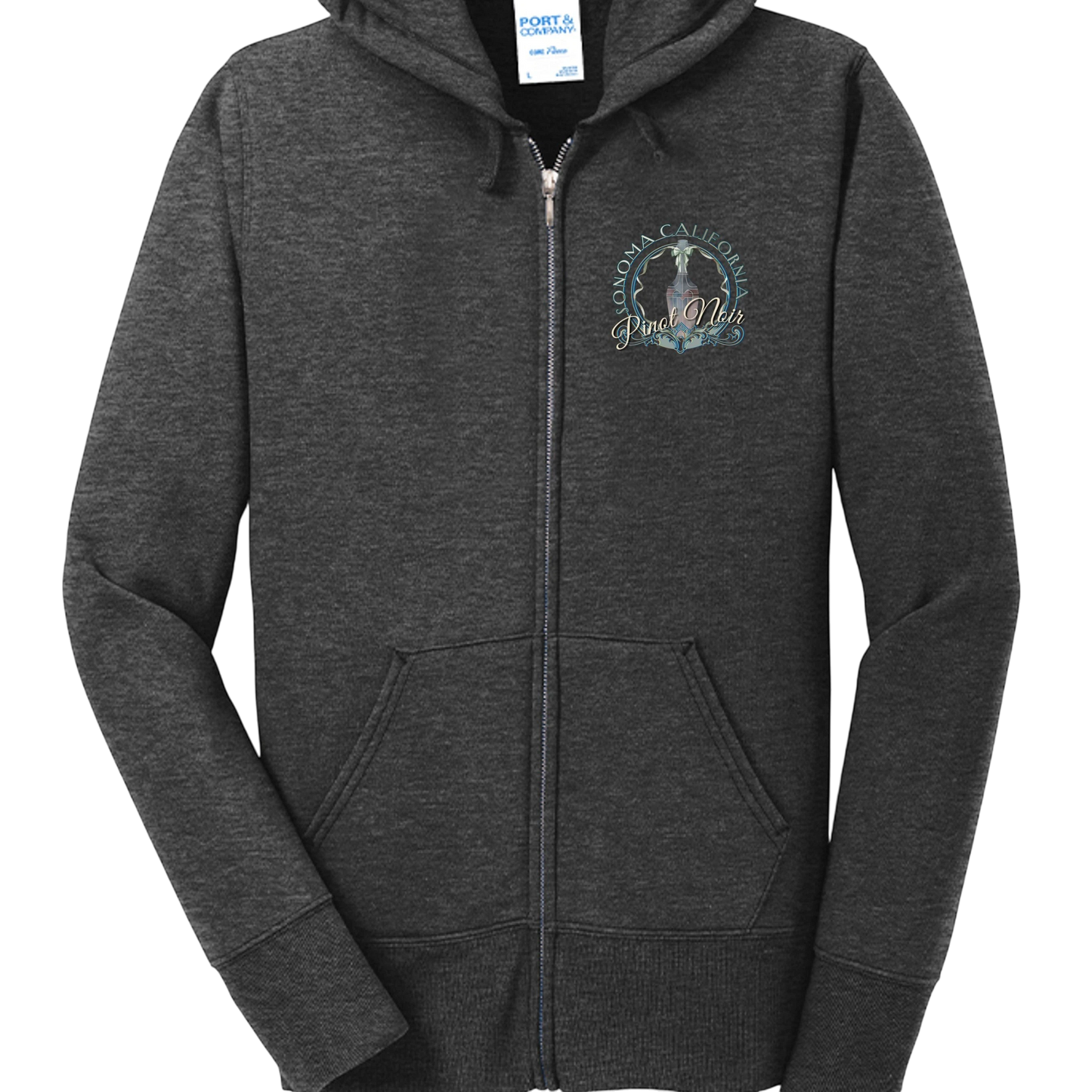 Sonoma Rebel dark charcoal heather fleece zip-up hoodie with a "Pinot Noir" graphic on the left chest.