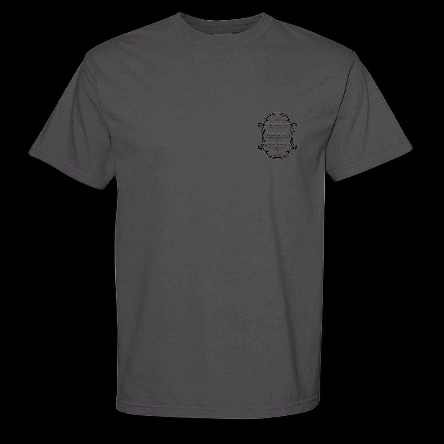 Sonoma Rebel charcoal grey cotton t-shirt with vintage Sonoma County California emblem on chest.