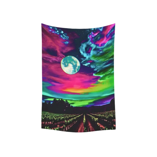 Sonoma Rebel Cotton Candy Sky tapestry, 40x60 inches, polyester peach skin fabric with a vibrant, psychedelic sunset sky and full moon over a vineyard.