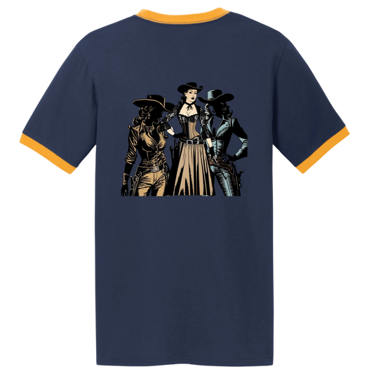 Sonoma Rebel navy blue ringer tee with orange trim, featuring a graphic of three women in Western cowgirl attire.