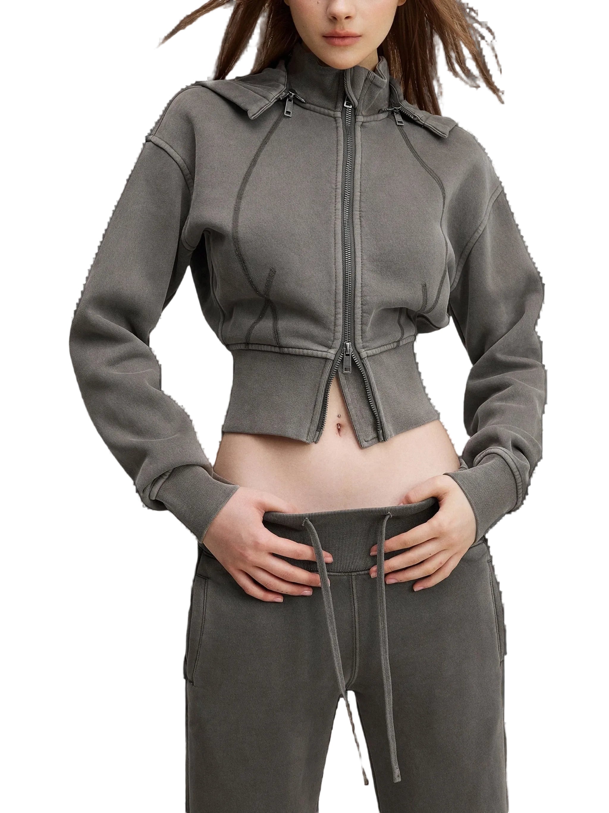 Sonoma Rebel grey vintage washed cropped fleece hoodie with zipper and patchwork details. Cotton-blend.