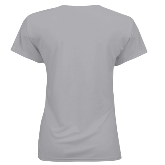 Sonoma Rebel Valley of the Moon Pinup women's light grey short-sleeve performance t-shirt, 100% polyester.