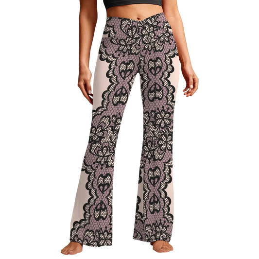 Sonoma Rebel women's high waist flare leggings in a lace print. The leggings are light pink with black lace overlay and a crossover waistband.