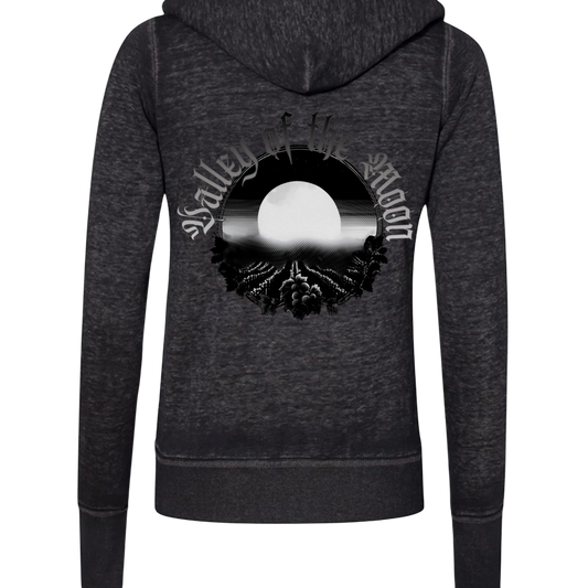 Sonoma Rebel Misty Moon Women's charcoal grey burnout fleece full zip hoodie with graphic.