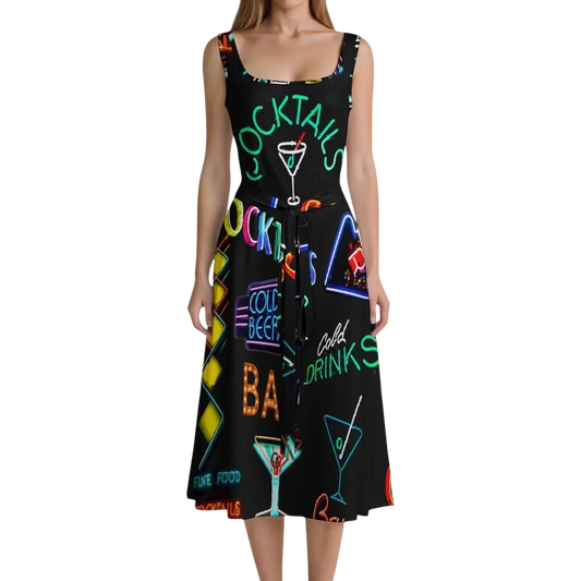 Sonoma Rebel black sleeveless midi dress with a neon cocktail print, tie waist, and square neckline.