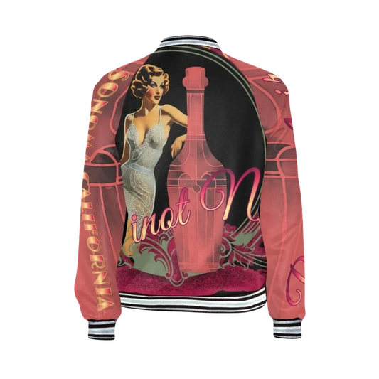 Sonoma Rebel women's bomber jacket with a vintage pin-up girl and wine bottle graphic. Features a polyester-spandex blend and ribbed trim.