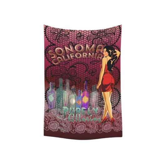 Sonoma Rebel pinup tapestry featuring a woman in a red dress, wine bottles, and lace details. 40" x 60" polyester peach skin.
