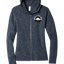 Sonoma Rebel Misty Moon womens heathered navy full zip hoodie with front pockets and a circular graphic logo on the left chest.