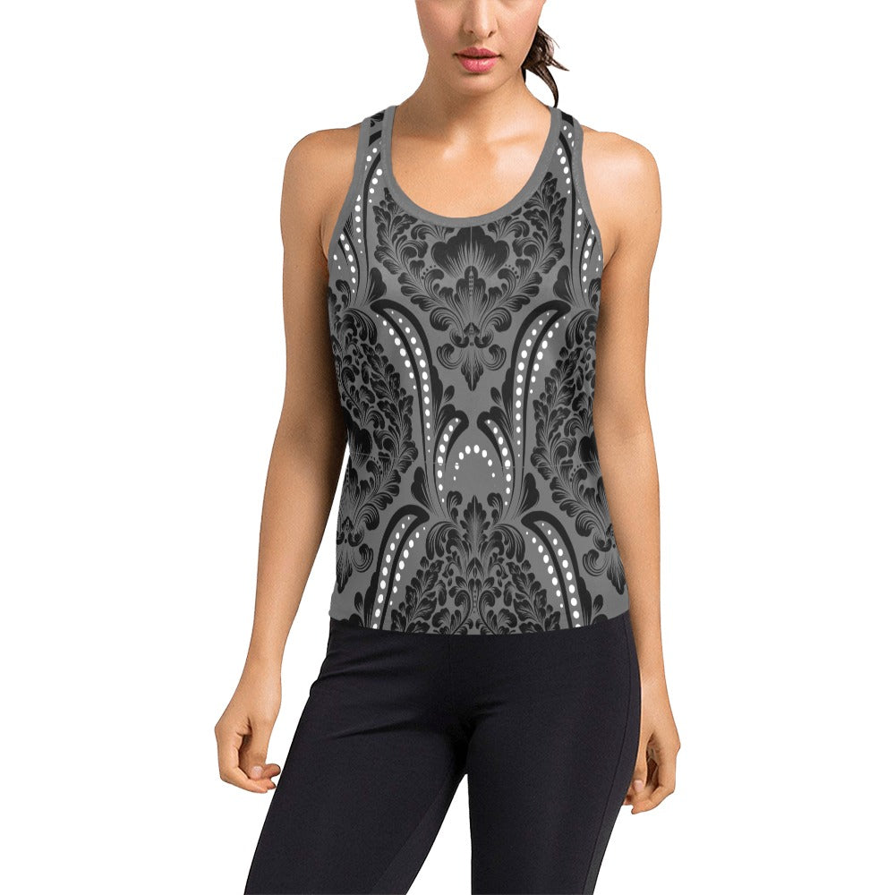 Grey Lace Print Women's Racerback Tank Top