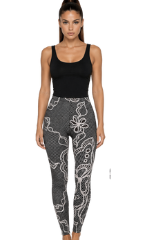 Black Contrast Lace Print High-Waist Women's Leggings