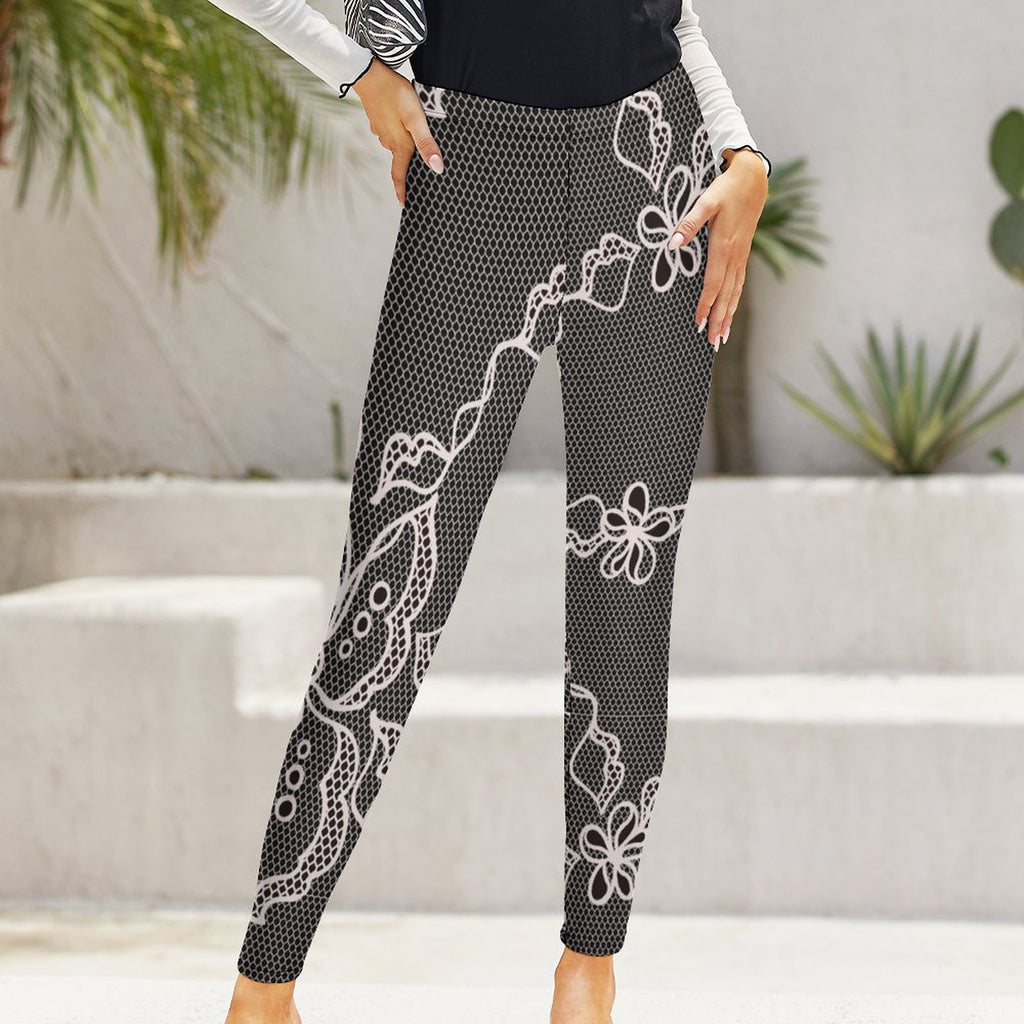 Contrast Lace Print Women's High-Waist Legging