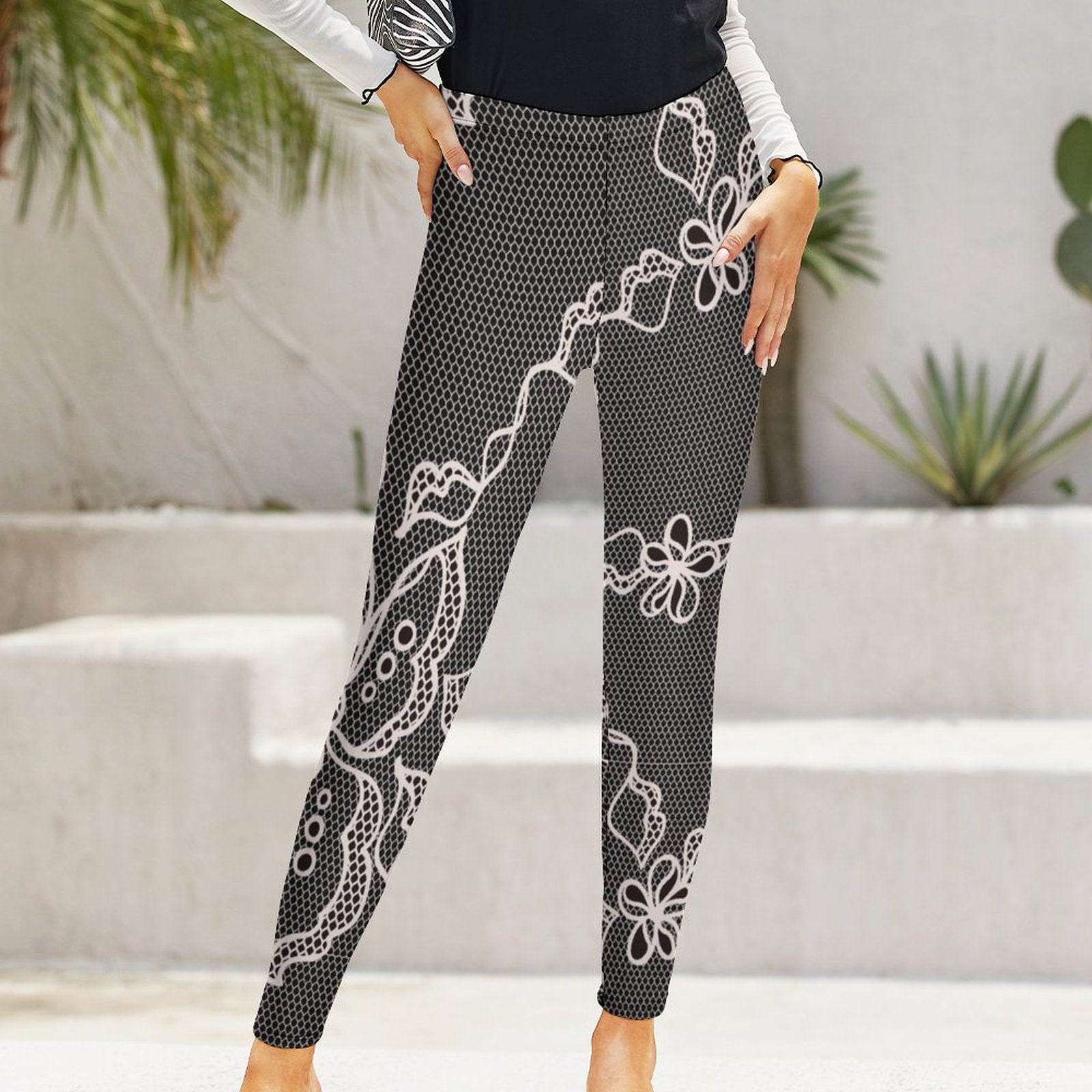 Contrast Lace Print Women's High-Waist Legging