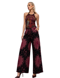 Burgundy Crochet Print Women’s Wide-Leg Pants