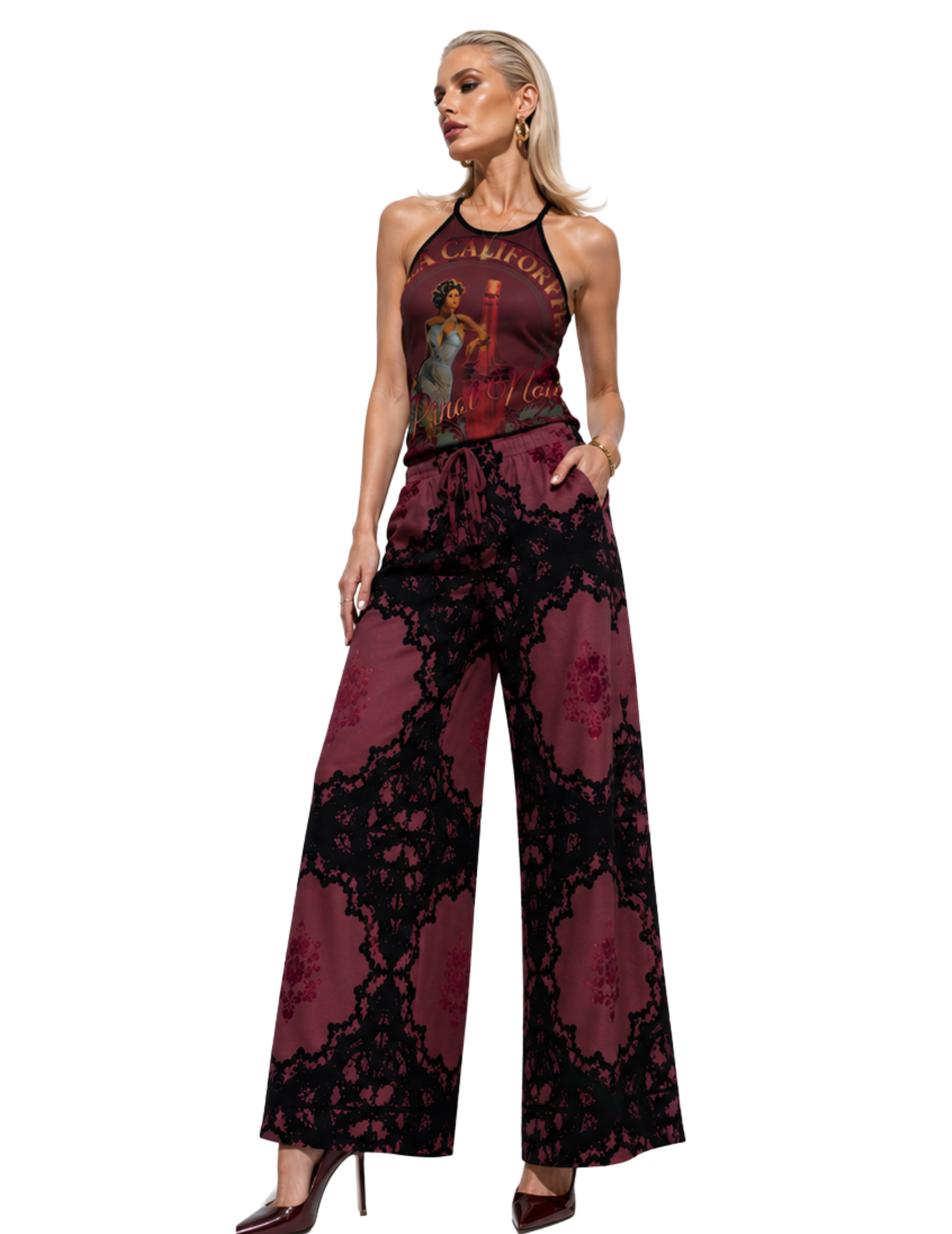 Burgundy Crochet Print Women’s Wide-Leg Pants