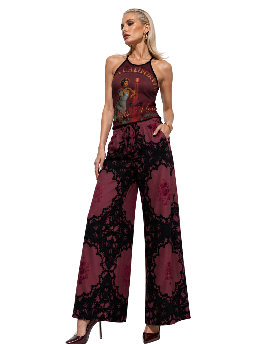 Burgundy Crochet Print Women’s Wide-Leg Pants