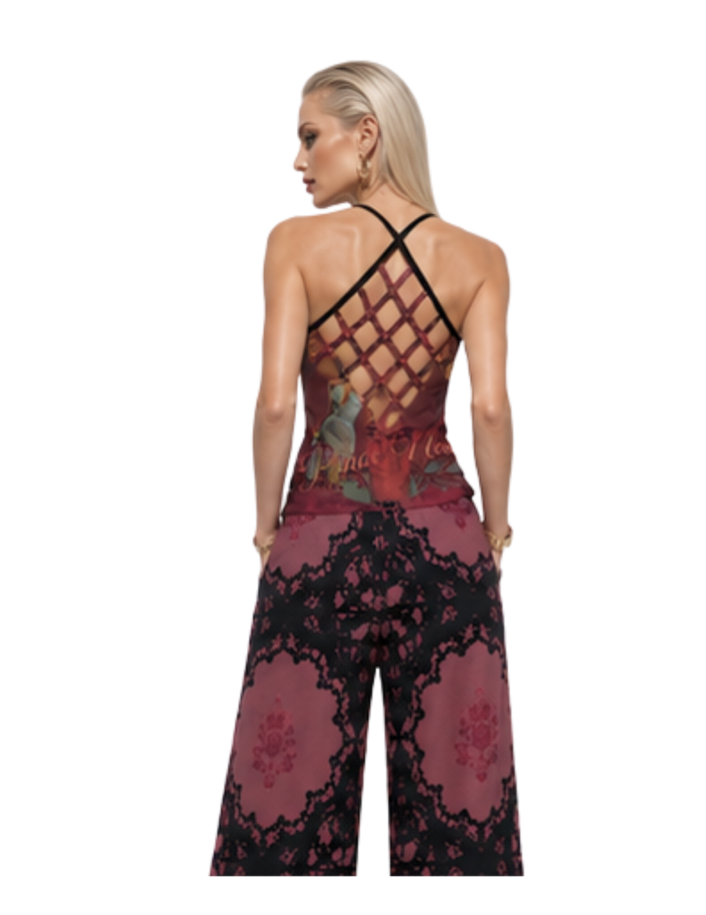 Burgundy Crochet Print Women’s Wide-Leg Pants