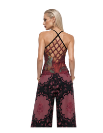 Burgundy Crochet Print Women’s Wide-Leg Pants
