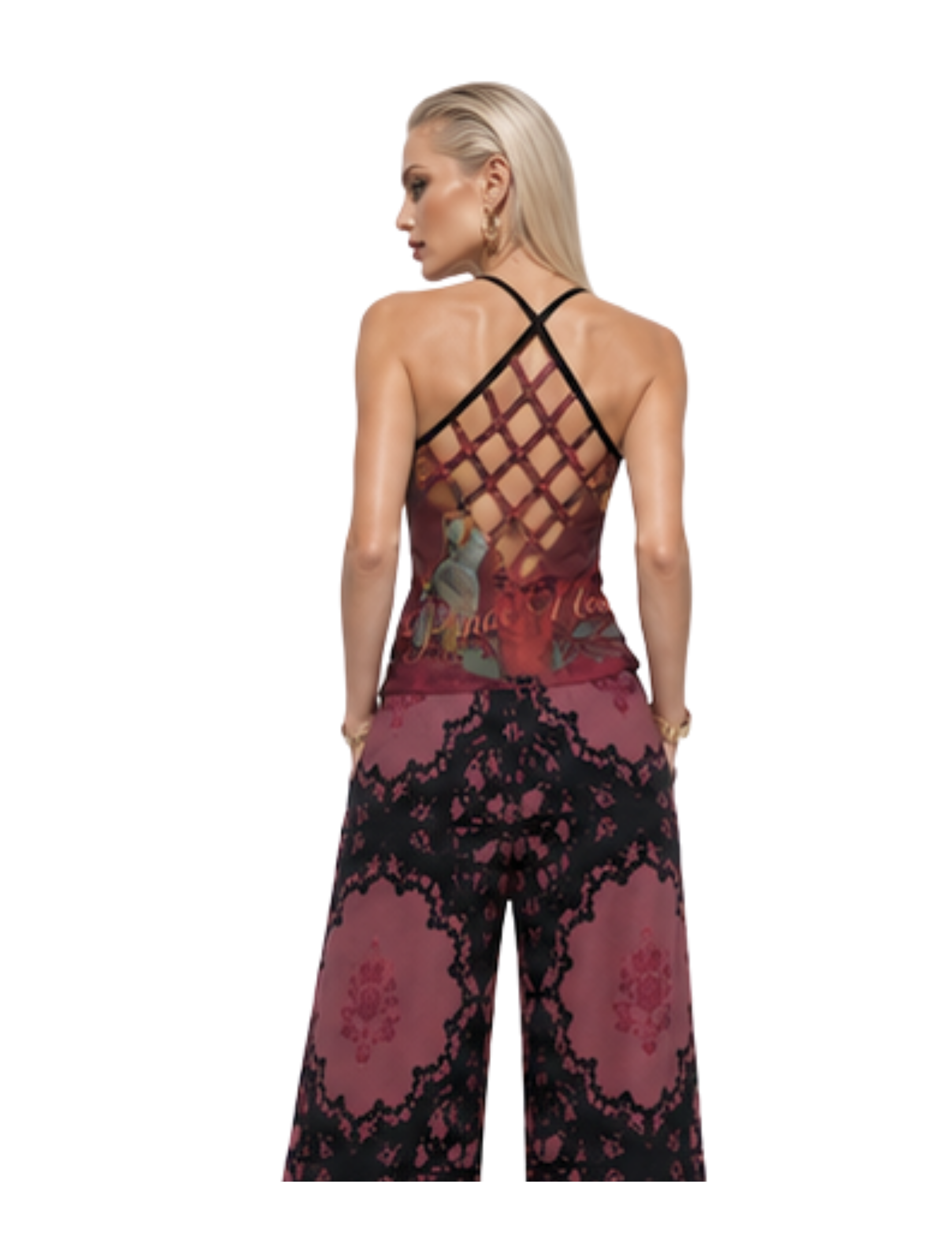 Burgundy Crochet Print Women’s Wide-Leg Pants