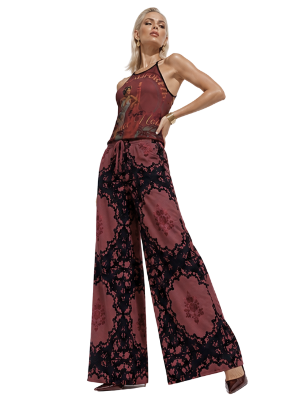 Burgundy Crochet Print Women’s Wide-Leg Pants