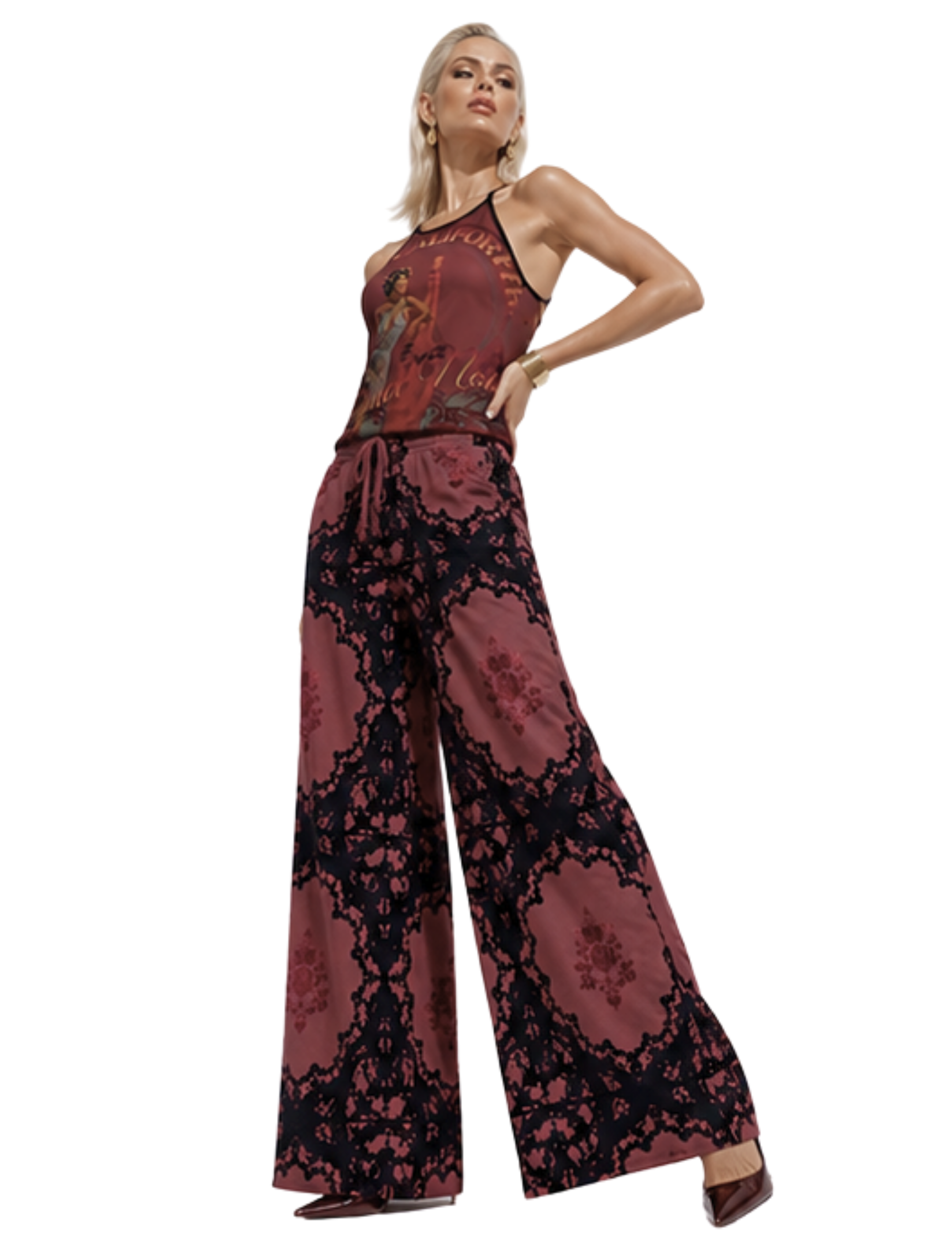Burgundy Crochet Print Women’s Wide-Leg Pants Main image