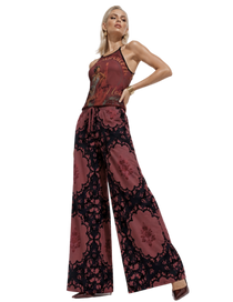 Burgundy Crochet Print Women’s Wide-Leg Pants