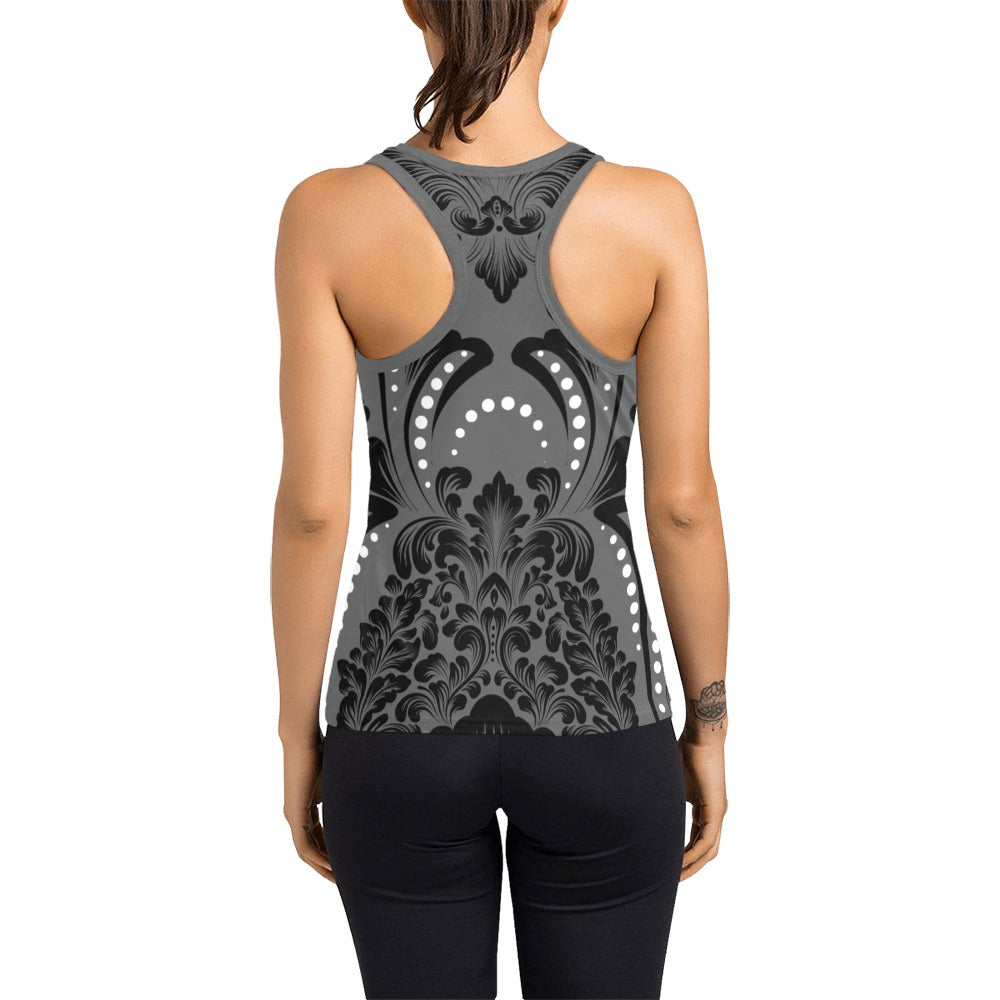Grey Lace Print Women's Racerback Tank Top