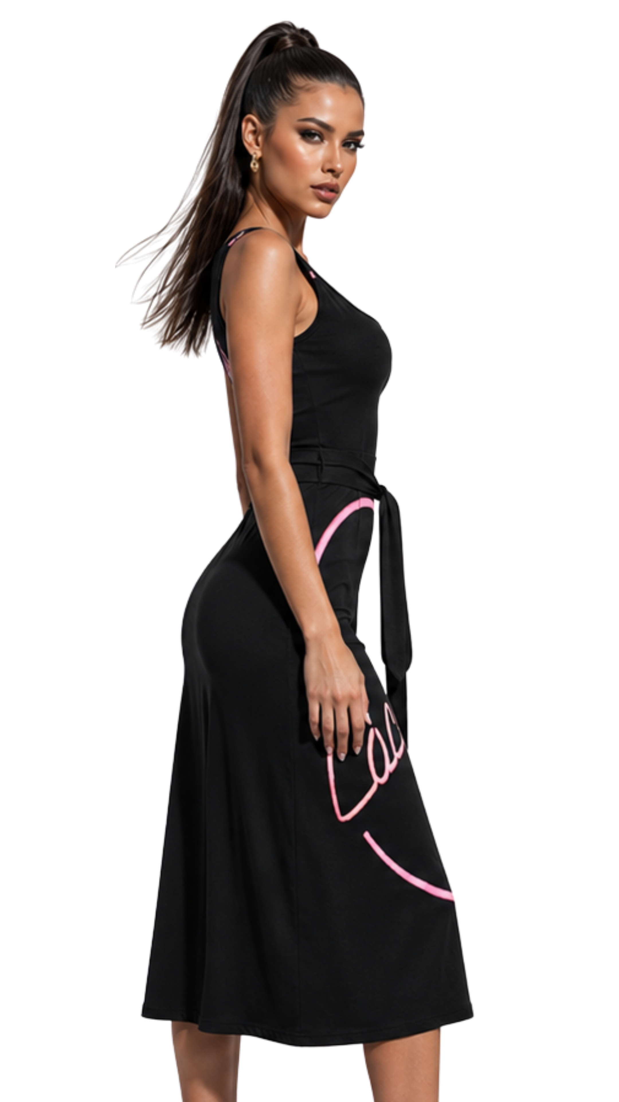 Pink Neon Cocktails Tie Waist Sleeveless Dress