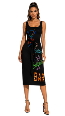 Vintage Neon Cocktails Tie Waist Sleeveless Dress