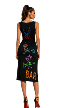 Vintage Neon Cocktails Tie Waist Sleeveless Dress