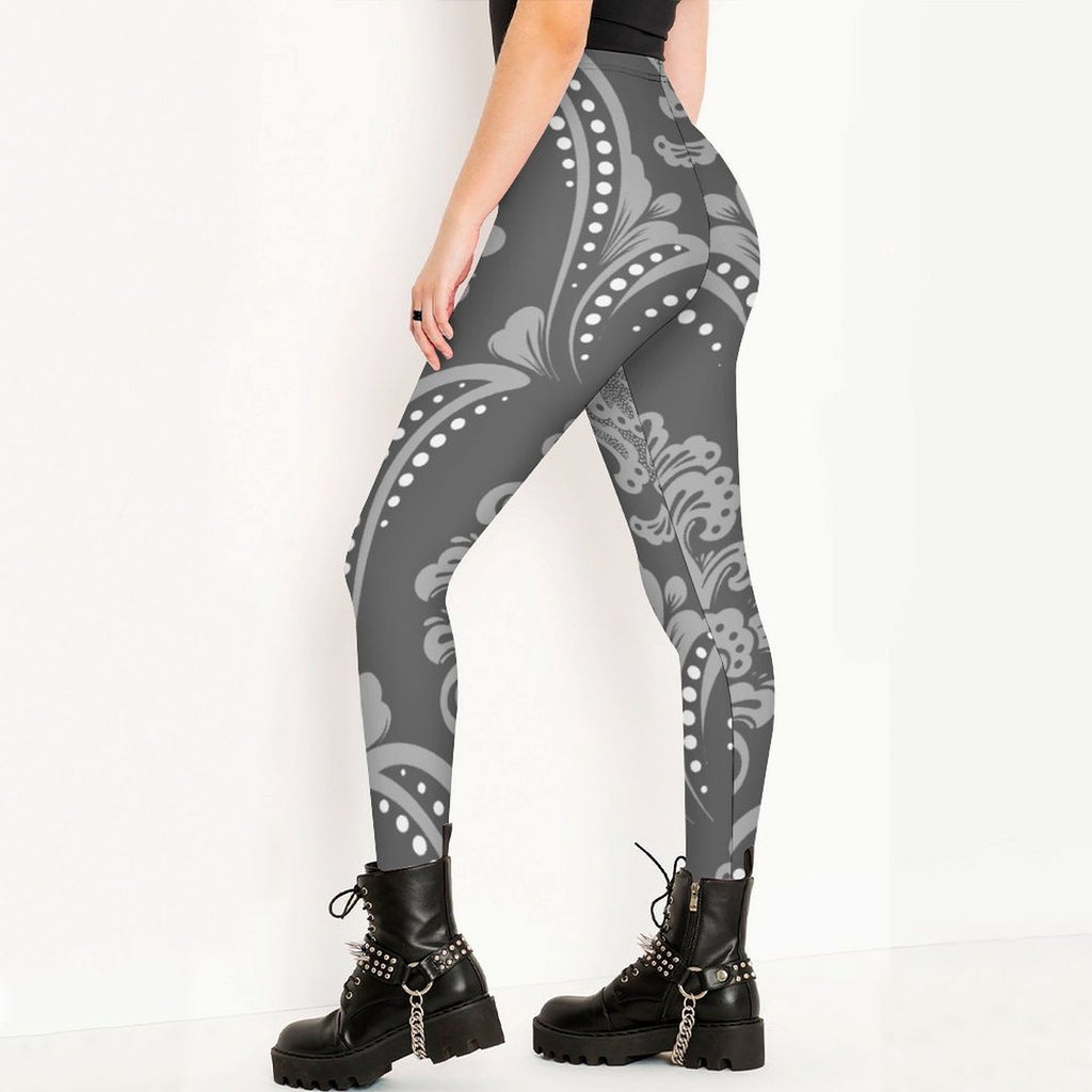 Grey Lace Print Women's High-Waist Legging