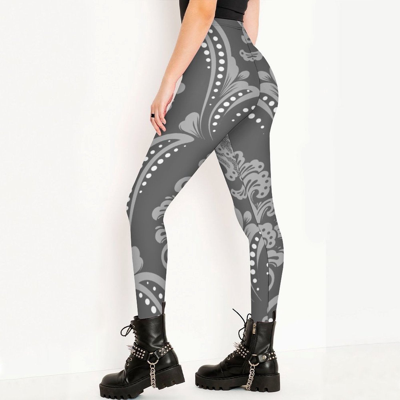 Grey Lace Print Women's High-Waist Legging