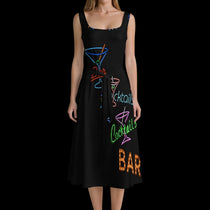 Vintage Neon Cocktails Tie Waist Sleeveless Dress