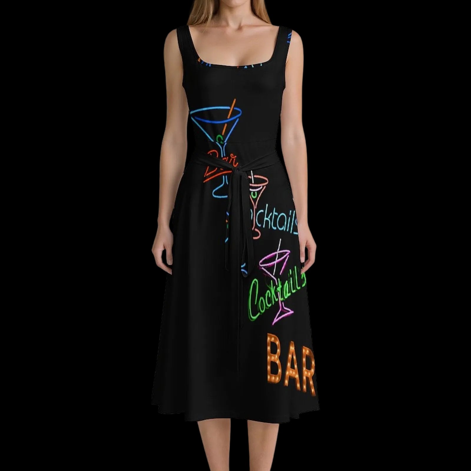 Vintage Neon Cocktails Tie Waist Sleeveless Dress