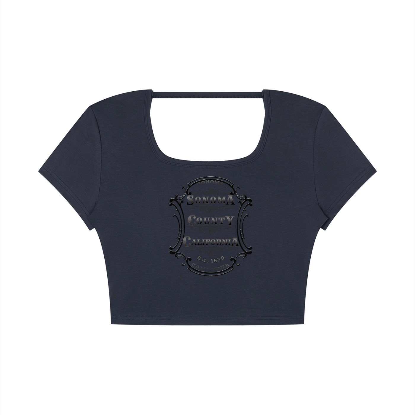 Sonoma County Emblem Black on Black Open Back Crop T-Shirt