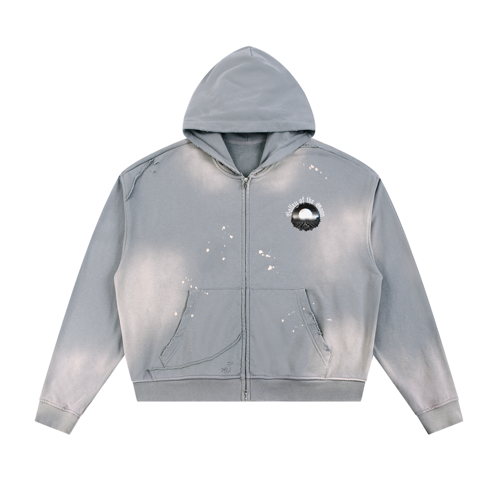 Valley of the Moon Sun Fade Frayed Raw Edge Fleece Zip Hoodie