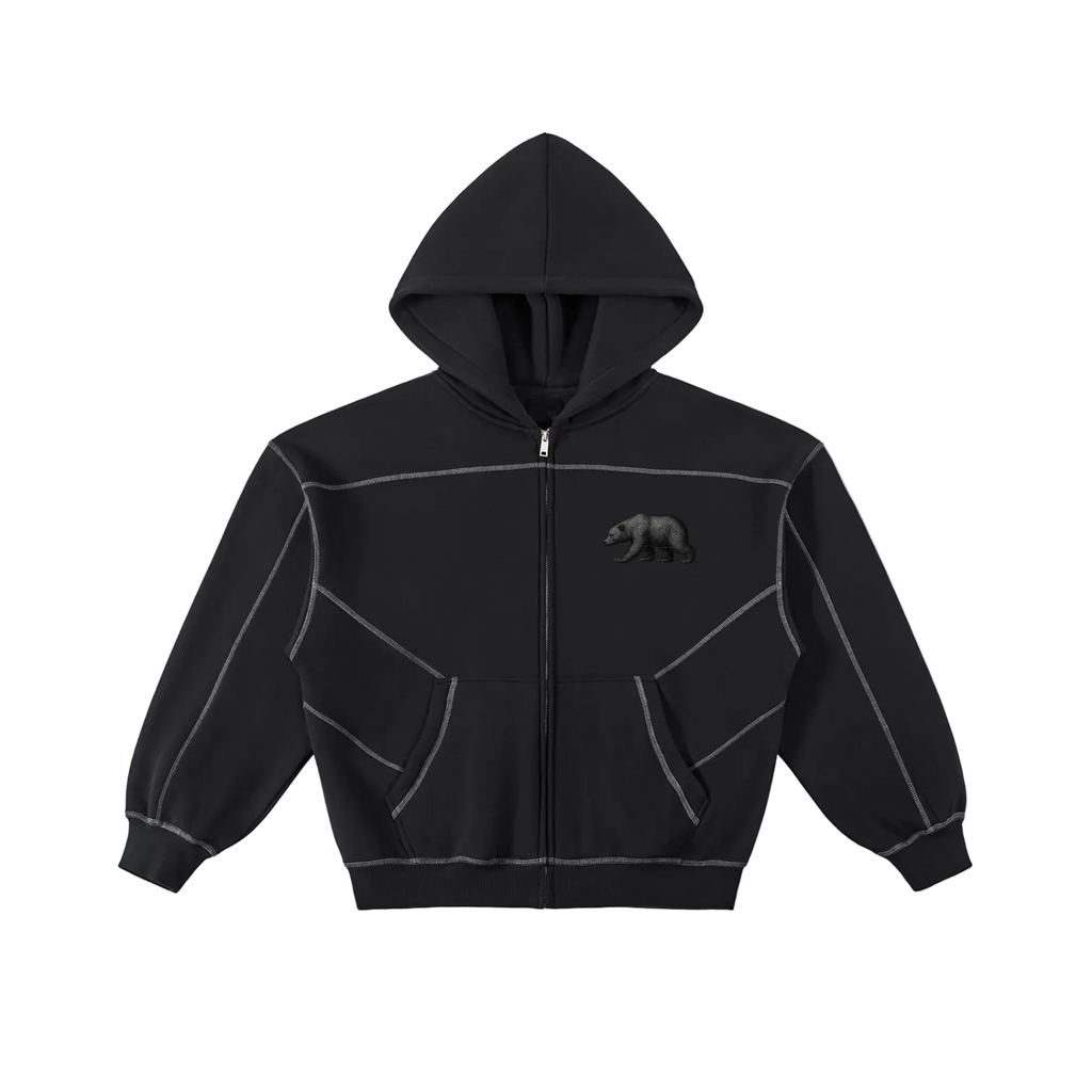 Contrast-Stitched Boxy Fleece Zip Hoodie