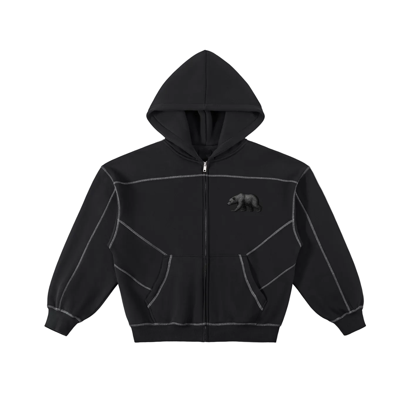 Contrast-Stitched Boxy Fleece Zip Hoodie