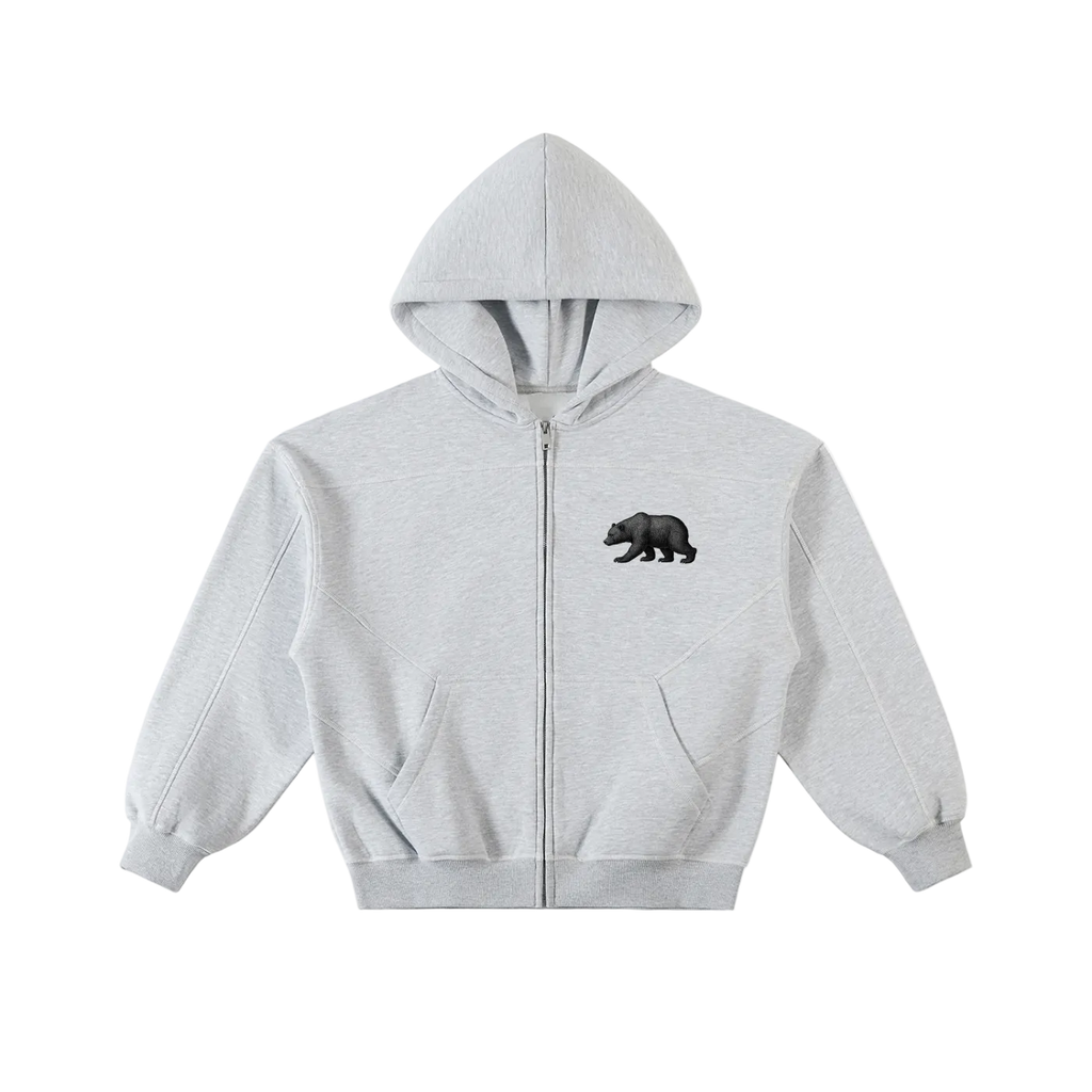 Contrast-Stitched Boxy Fleece Zip Hoodie