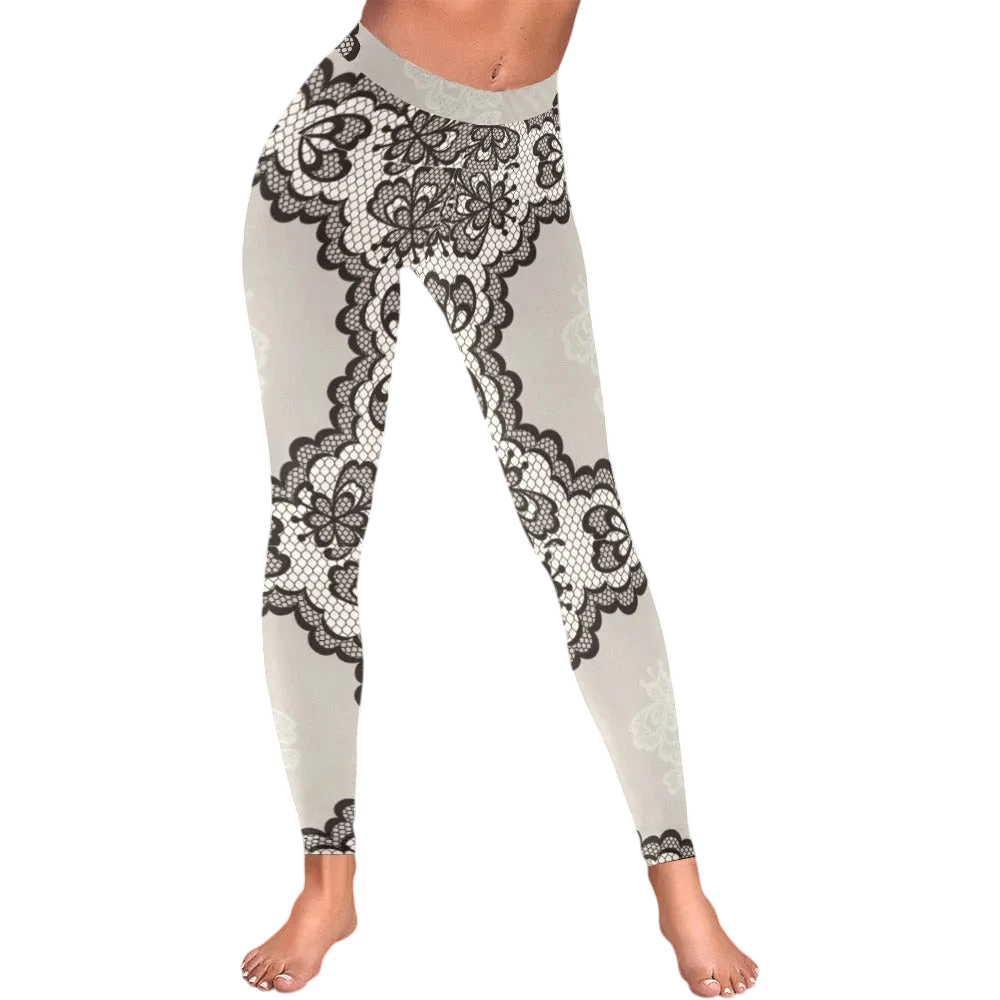 Nude Lace Print Women's Low Rise Yoga Leggings