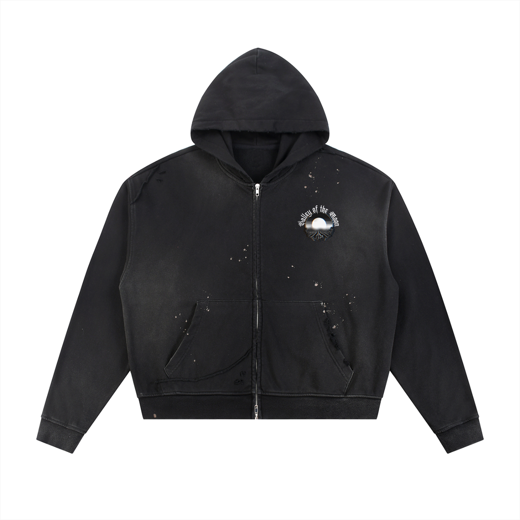 Valley of the Moon Sun Fade Frayed Raw Edge Fleece Zip Hoodie