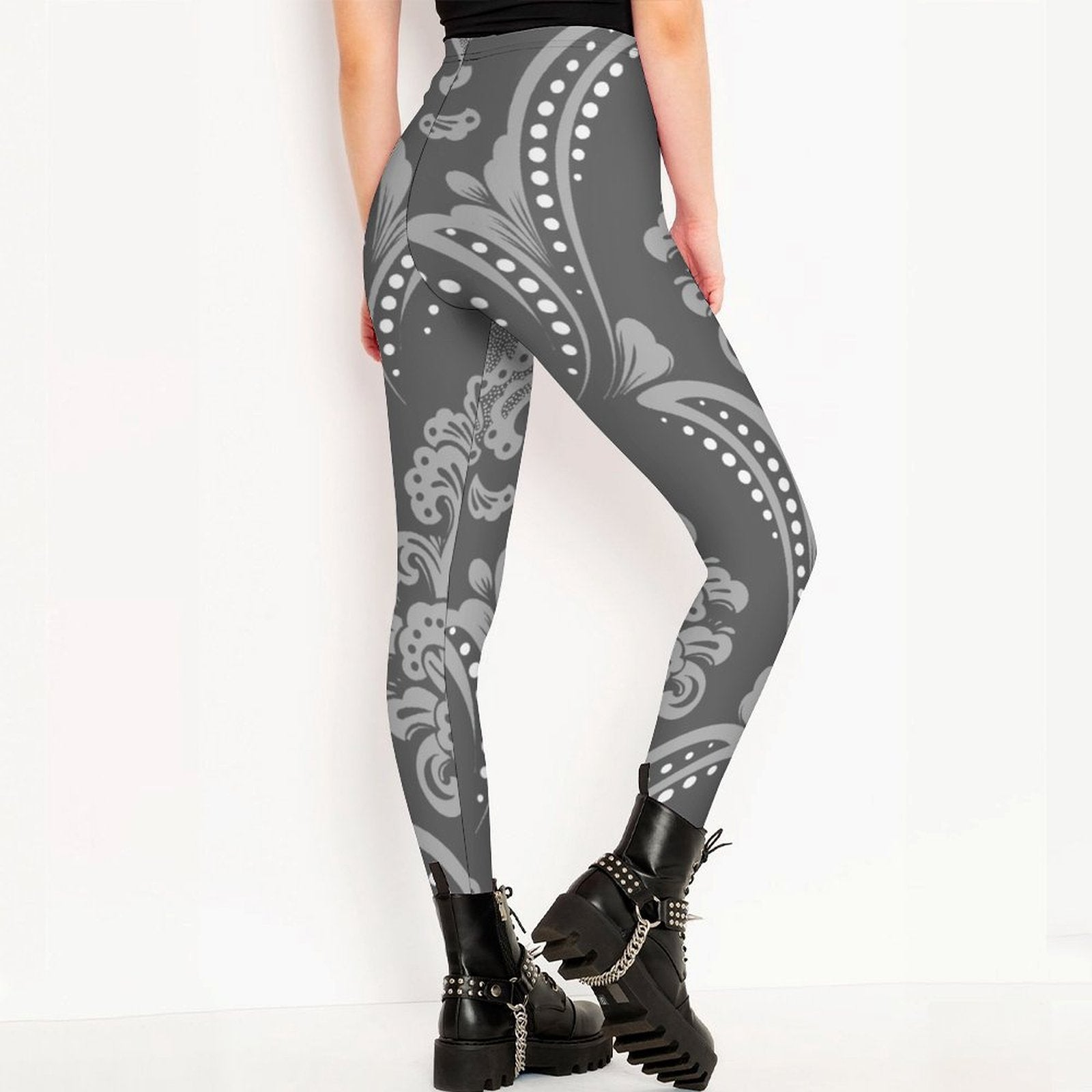Grey Lace Print Women's High-Waist Legging