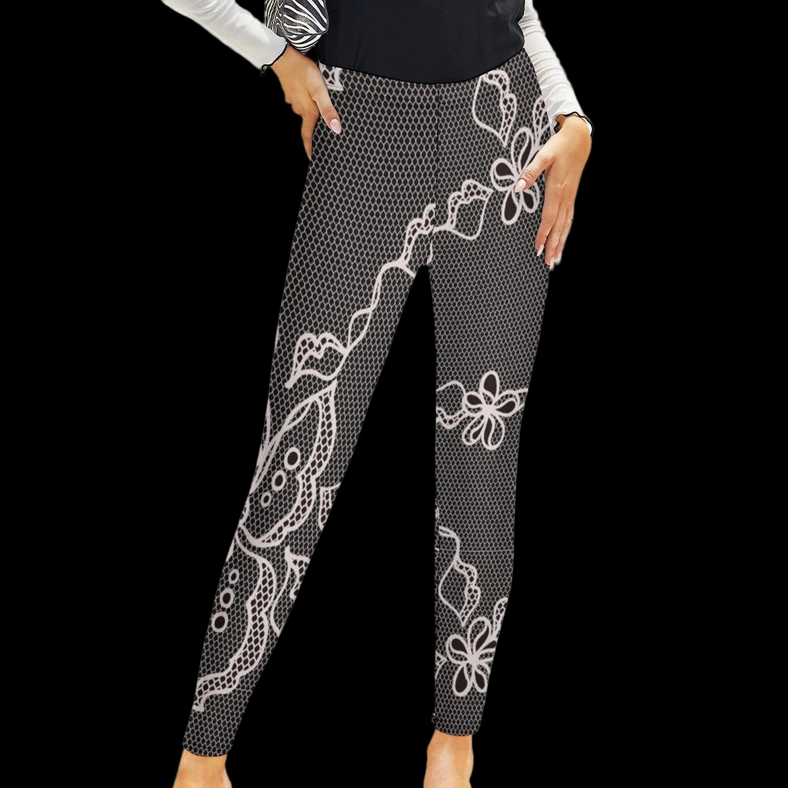 Contrast Lace Print Women's High-Waist Legging