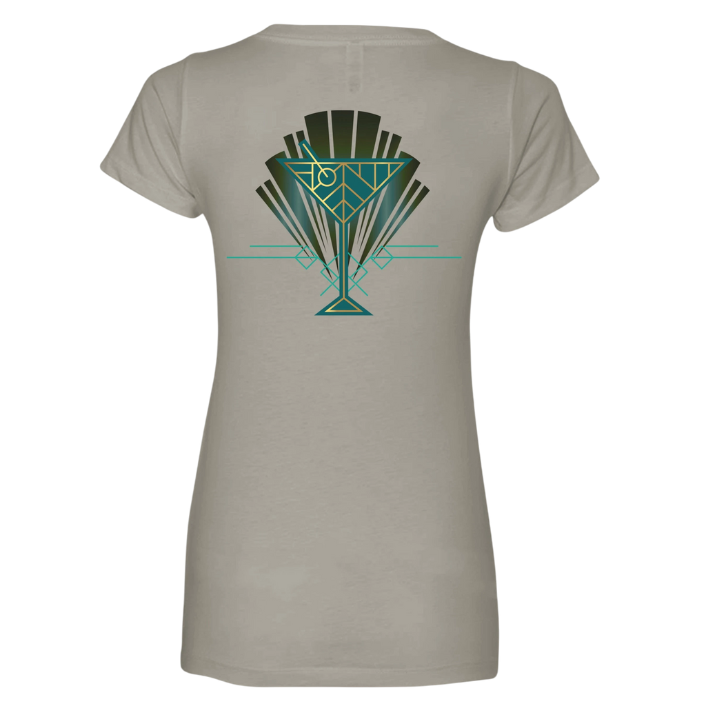 Sonoma Rebel women's light grey V-neck t-shirt with a green and gold Art Deco cocktail glass graphic on the back.