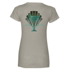 Sonoma Rebel women's light grey V-neck t-shirt with a green and gold Art Deco cocktail glass graphic on the back.