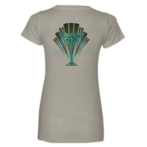 Sonoma Rebel women's light grey V-neck t-shirt with a green and gold Art Deco cocktail glass graphic on the back.